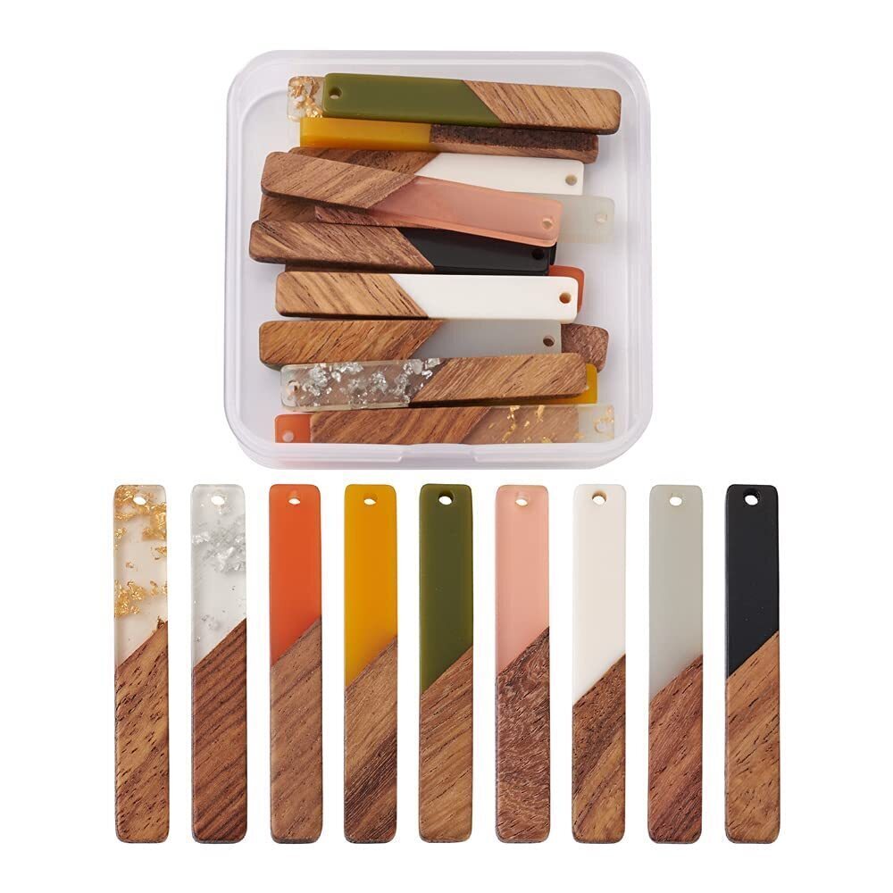 7256 Beadthoven 18pcs/9 Pairs Natural Wood Resin Rectangle Bar Charms